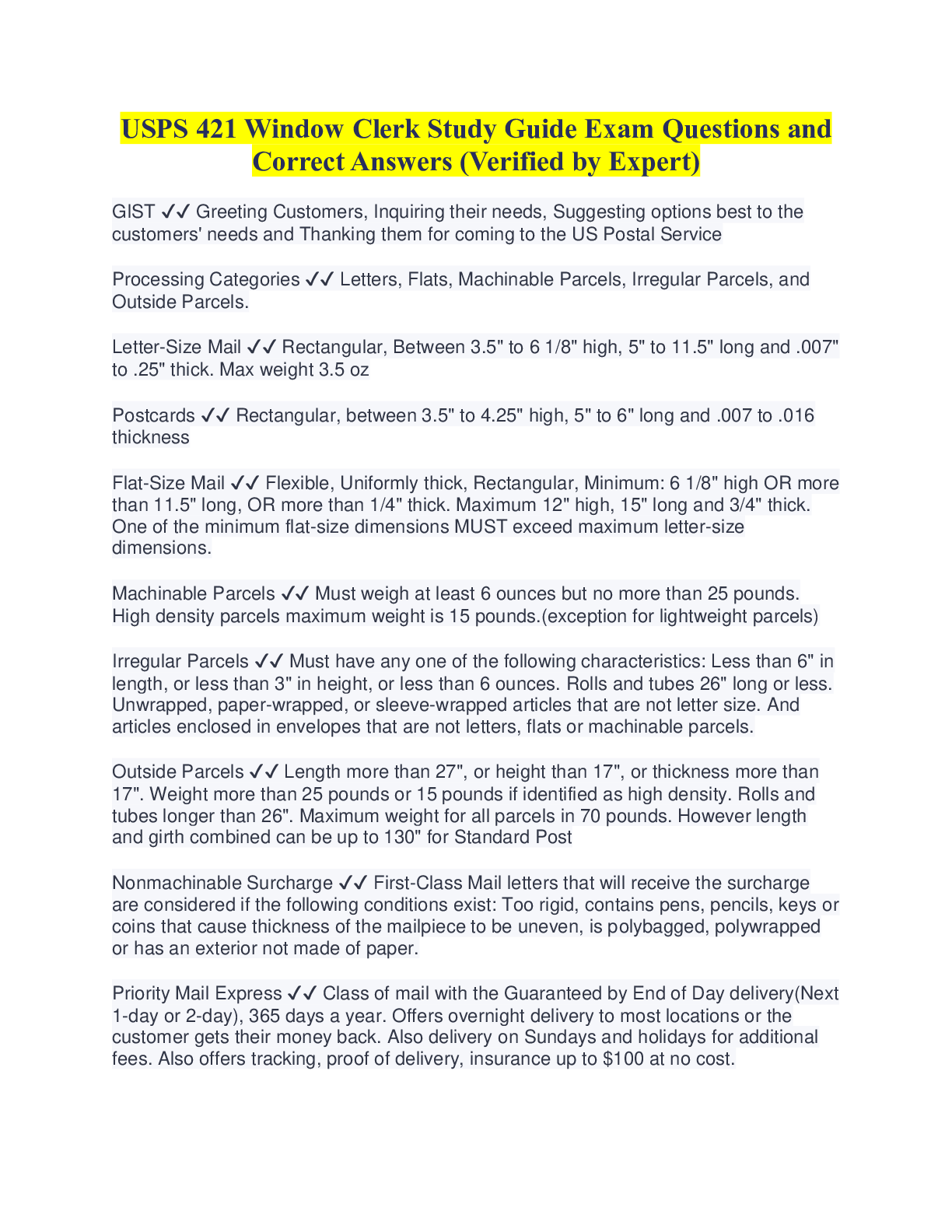 Preview of USPS 421 Window Clerk Study Guide Exam Questions and Correct Answers (Verified by Expert)